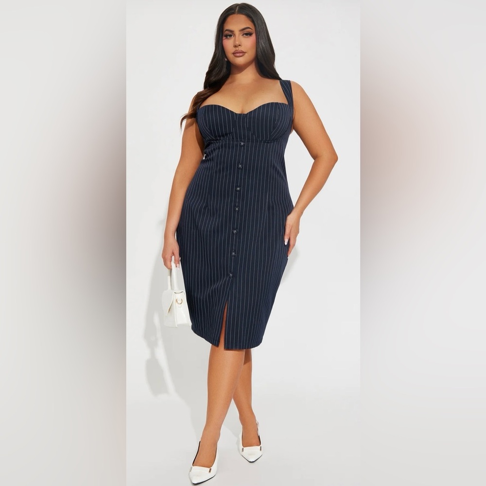 Caliana Navy Midi Pinstripe Dress-BNWOT